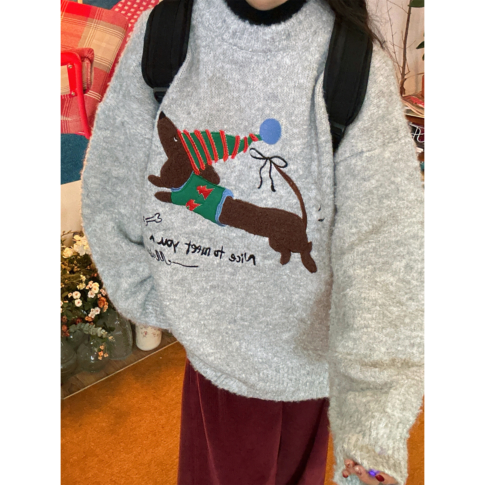 C2自制/秋冬款日系复古腊肠小狗植绒针织衫圆领男女同款套头毛衣