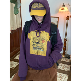 C2自制/美式复古嘻哈风印花连帽开衫卫衣男女同款宽松休闲上衣潮