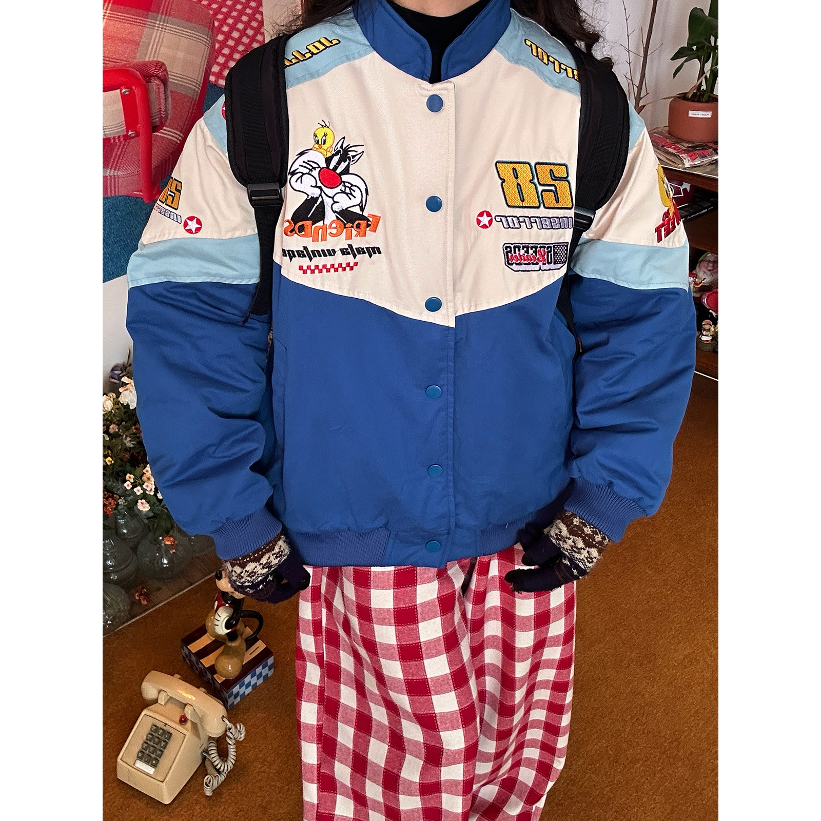 C2自制/复古卡通刺绣撞色拼接夹棉棒球服男女宽松棉服冬季新款潮