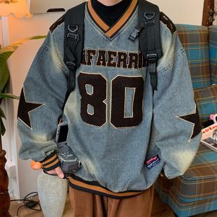 C2自制 复古字母贴布绣水洗做旧牛仔卫衣女小众高级感上衣 美式