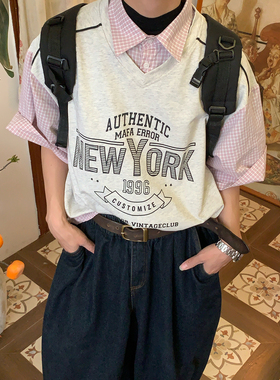 C2自制/假两件格纹拼接短袖T恤男女同款夏季新款字母印花百搭上衣