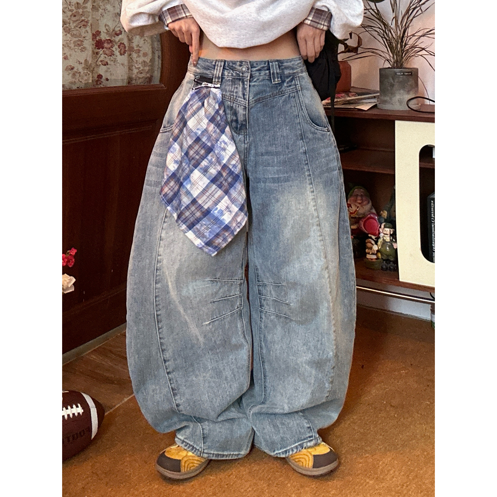 C2自制/美式复古阔腿弯刀牛仔裤男女同款秋方巾宽松香蕉裤长裤秋