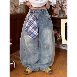 C2自制/美式复古阔腿弯刀牛仔裤男女同款秋方巾宽松香蕉裤长裤秋