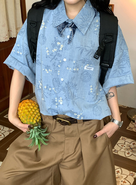 C2自制/日系花卉印花短袖衬衫男女夏季新款宽松百搭小设计感上衣
