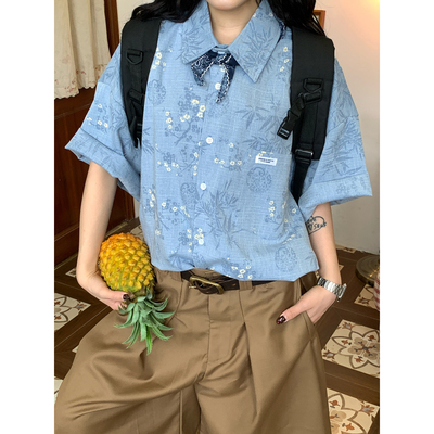 C2自制/日系花卉印花短袖衬衫男女夏季新款宽松百搭小设计感上衣