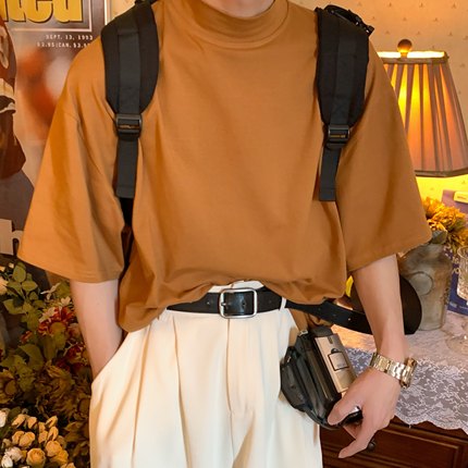 C2自制/夏季新款潮流短袖纯色小高领百搭韩版T恤情侣装上衣服ins