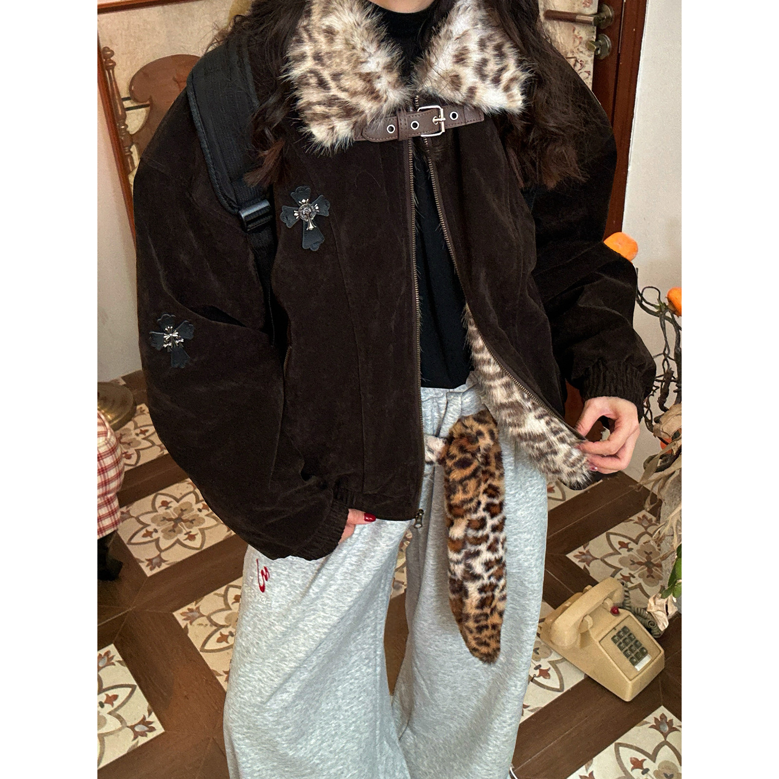 C2自制/美式复古麂皮绒豹纹毛领棉服女冬季加绒加厚短款保暖外套