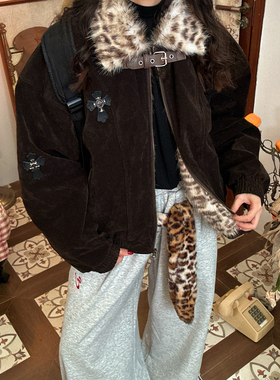 C2自制/美式复古麂皮绒豹纹毛领棉服女冬季加绒加厚短款保暖外套