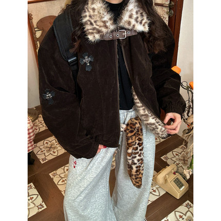 C2自制/美式复古麂皮绒豹纹毛领棉服女冬季加绒加厚短款保暖外套