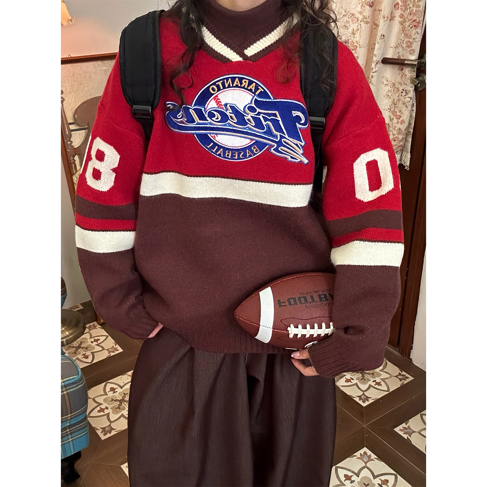 C2自制/v领复古字母提花针织衫男女同款秋冬新款宽松套头毛衣上衣