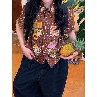 【新品买二送一】美式复古卡通小熊波点短袖衬衫女学院风百搭上衣