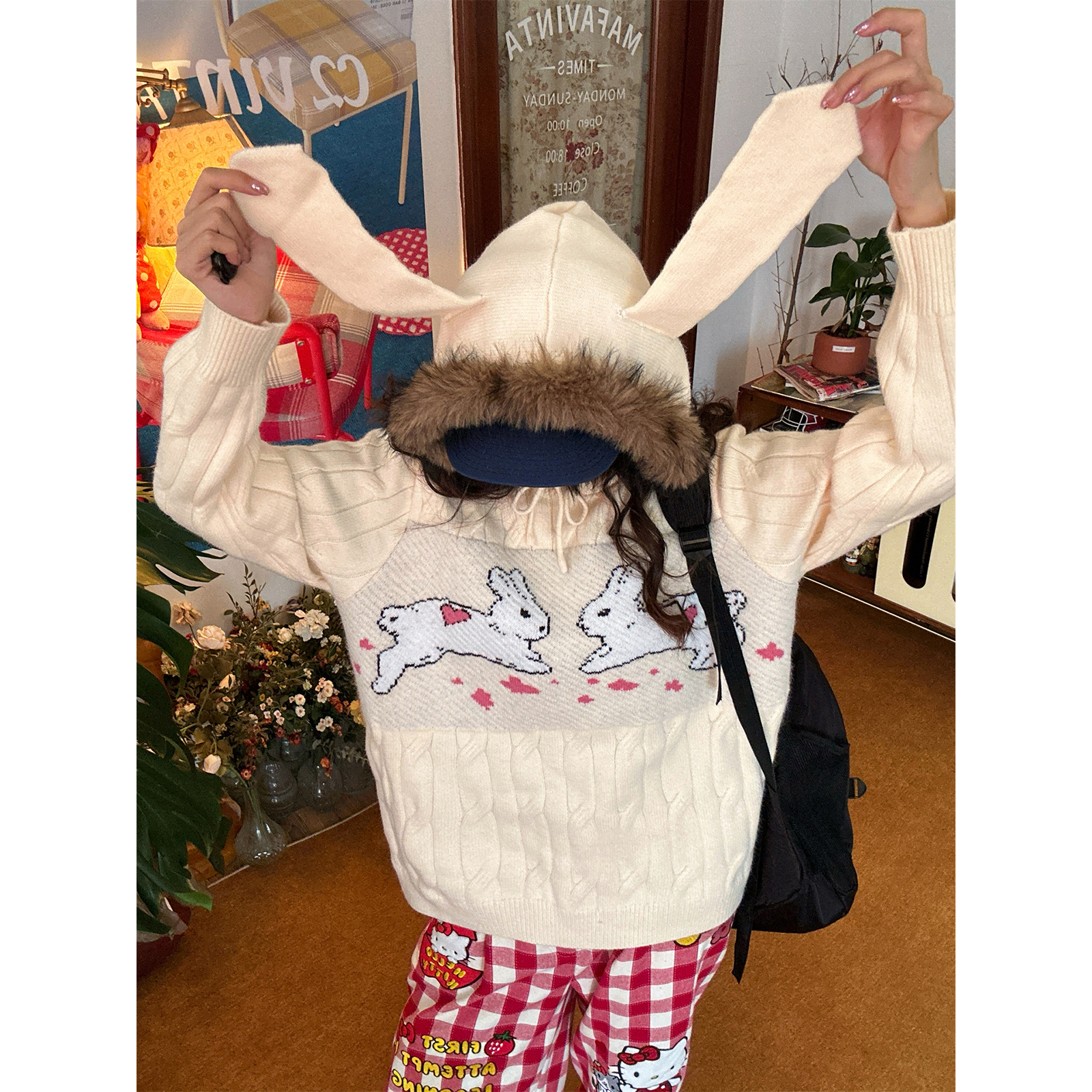 C2自制/毛领可爱兔子提花连帽针织衫男女同款秋冬款宽松休闲毛衣