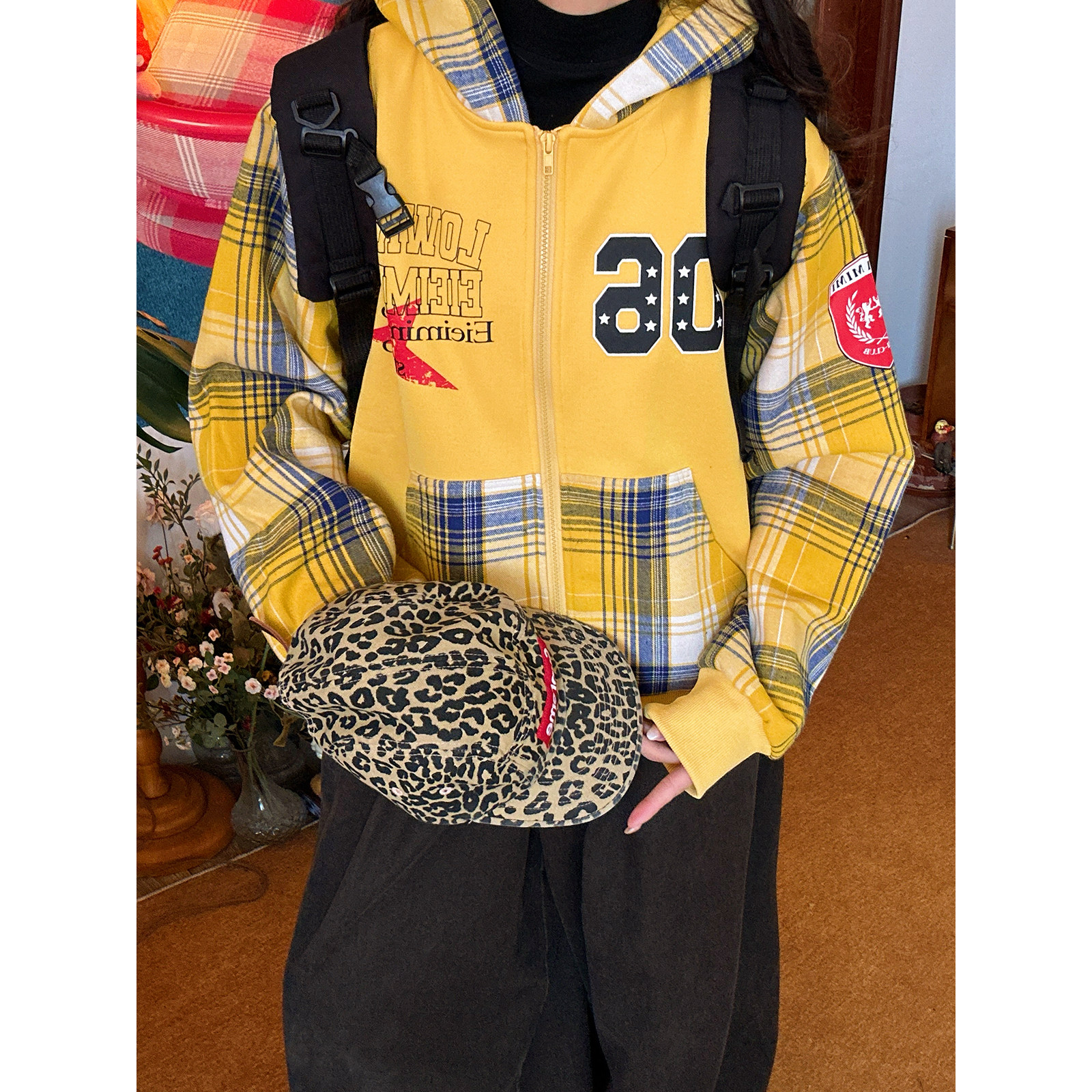 【新品买二送一】学院风格子拼接连帽卫衣女宽松bf韩系外套短外套,女装/女士精品,短外套,淘宝优惠券,粉丝福利购,淘宝优惠卷