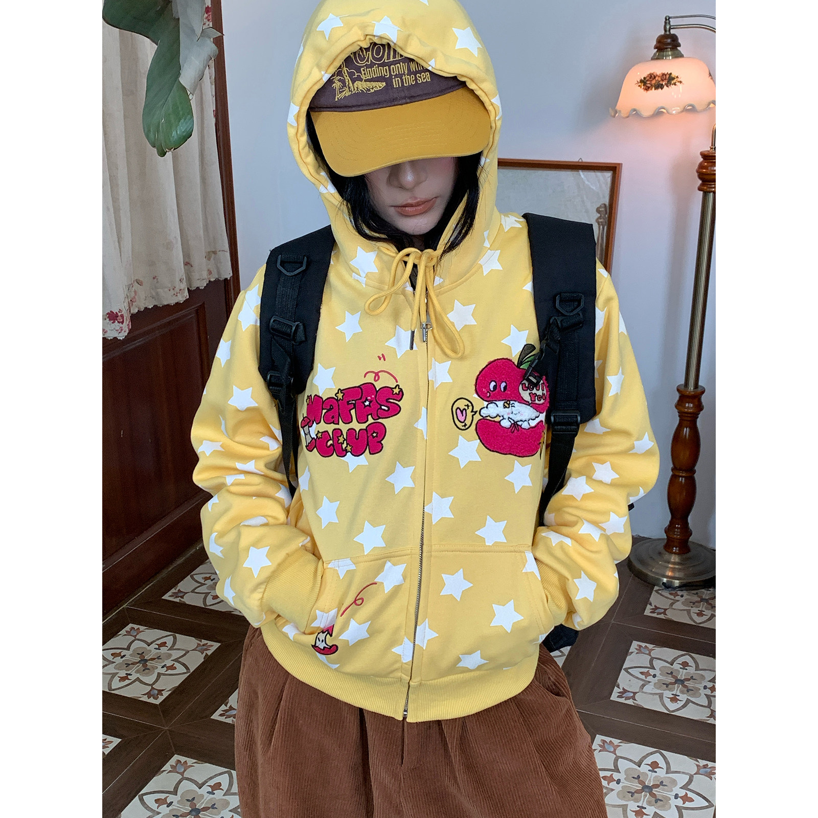 C2自制/美式复古满印星星连帽开衫卫衣男女同款百搭短款帽衫外套