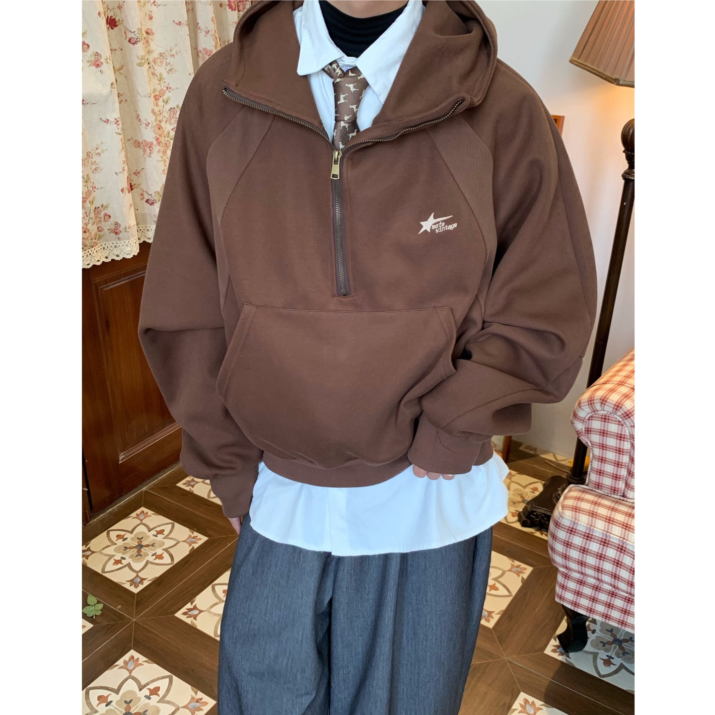 C2自制/美式半开领拉链连帽刺绣卫衣男女秋季新款宽松学院风上衣