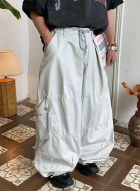 C2原创/美式复古工装裤男女高街小众个性抽绳宽松多口袋阔腿裤子