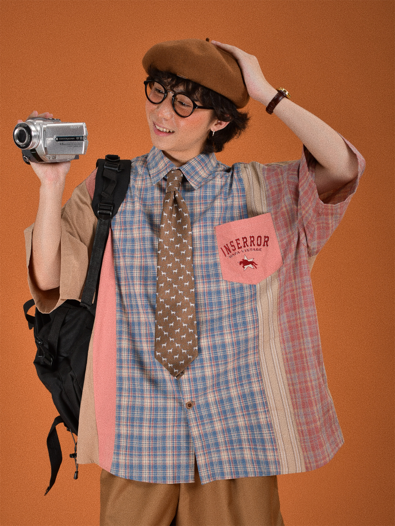 上衣C2自制撞色拼接格子潮牌宽松