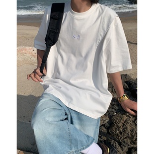 C2自制/夏季美式裁剪字母绣花正肩上衣宽松260g凉感休闲短袖T恤潮