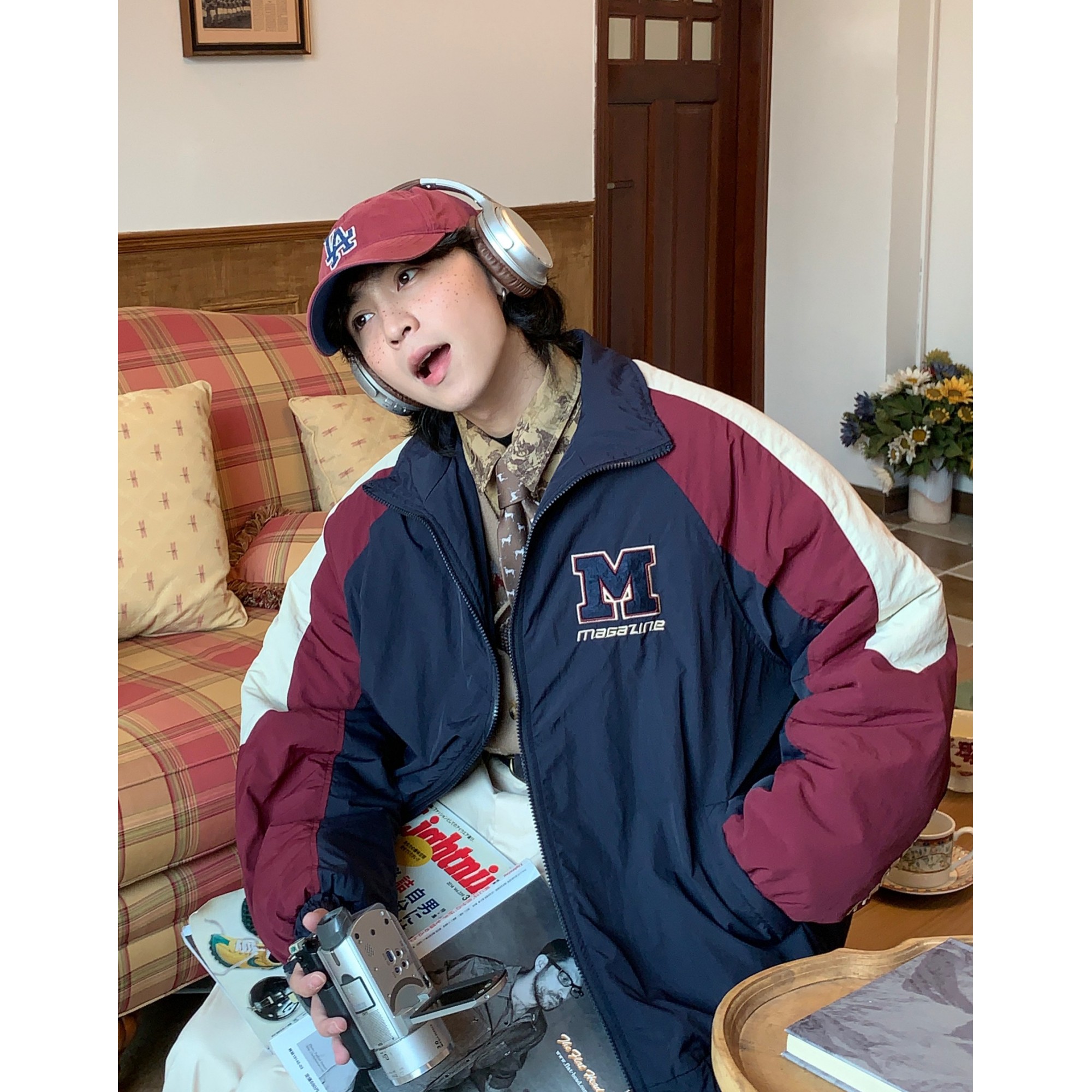 C2自制美式复古宽松撞色外套