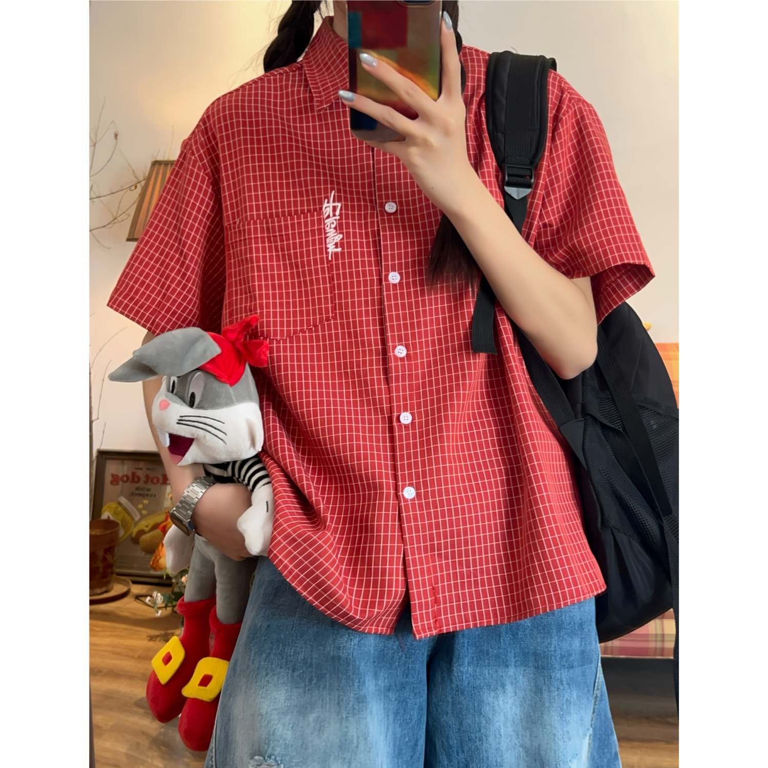 C2原创/美式复古格子短袖衬衫女夏季新款宽松短款百搭上衣外套潮