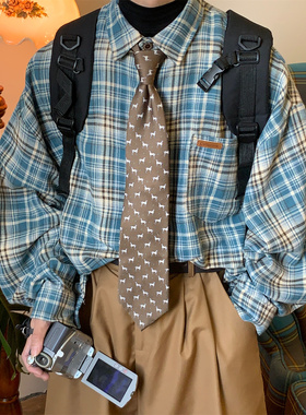 C2自制/美式复古格子衬衫男女春秋百搭休闲衬衣外套痞帅炸街衬衫