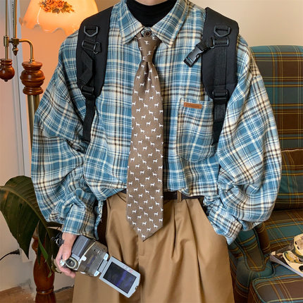 C2自制/美式复古格子衬衫男女春秋百搭休闲衬衣外套痞帅炸街衬衫
