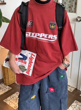 C2原创/美式复古做旧字母红色短袖T恤女夏季宽松百搭情侣上衣潮