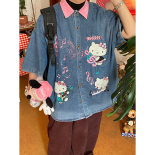 C2自制/卡通HelloKitty刺绣短袖牛仔衬衫女撞色翻领宽松百搭上衣