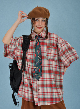 C2自制/日系复古格子短袖衬衫男女夏季百搭宽松慵懒格纹半袖衬衣