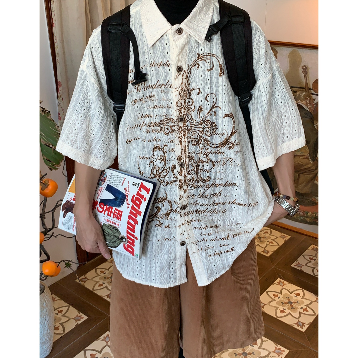 C2自制/美式复古镂空印花短袖衬衫夏季法式透气白色短袖宽松上衣