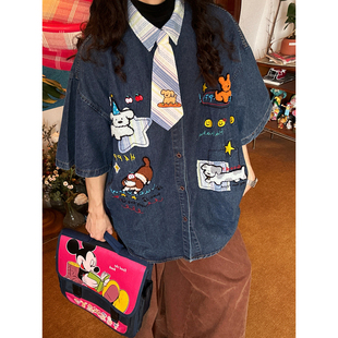 C2自制/卡通刺绣短袖牛仔衬衫女短袖宽松学院风休闲上衣2026新款