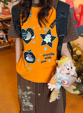 C2自制/美式卡通星星印花短袖T恤女撞色插肩袖显瘦上衣夏季新款潮