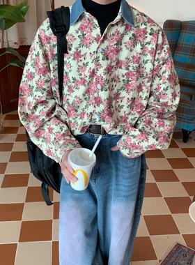 C2自制/古着风vintage花卉长袖衬衫秋装灯芯绒设计感港味休闲上衣