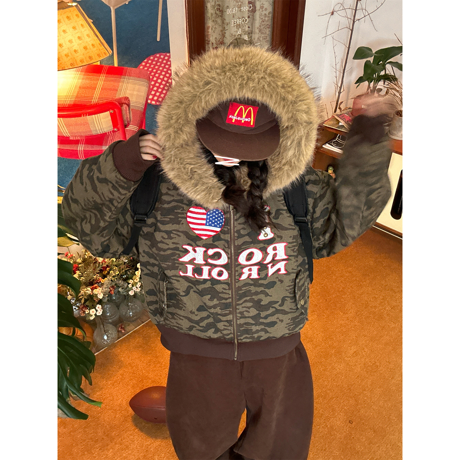 C2自制/复古迷彩棉服男女冬貉毛领宽松美式街头夹克外套冬季新款