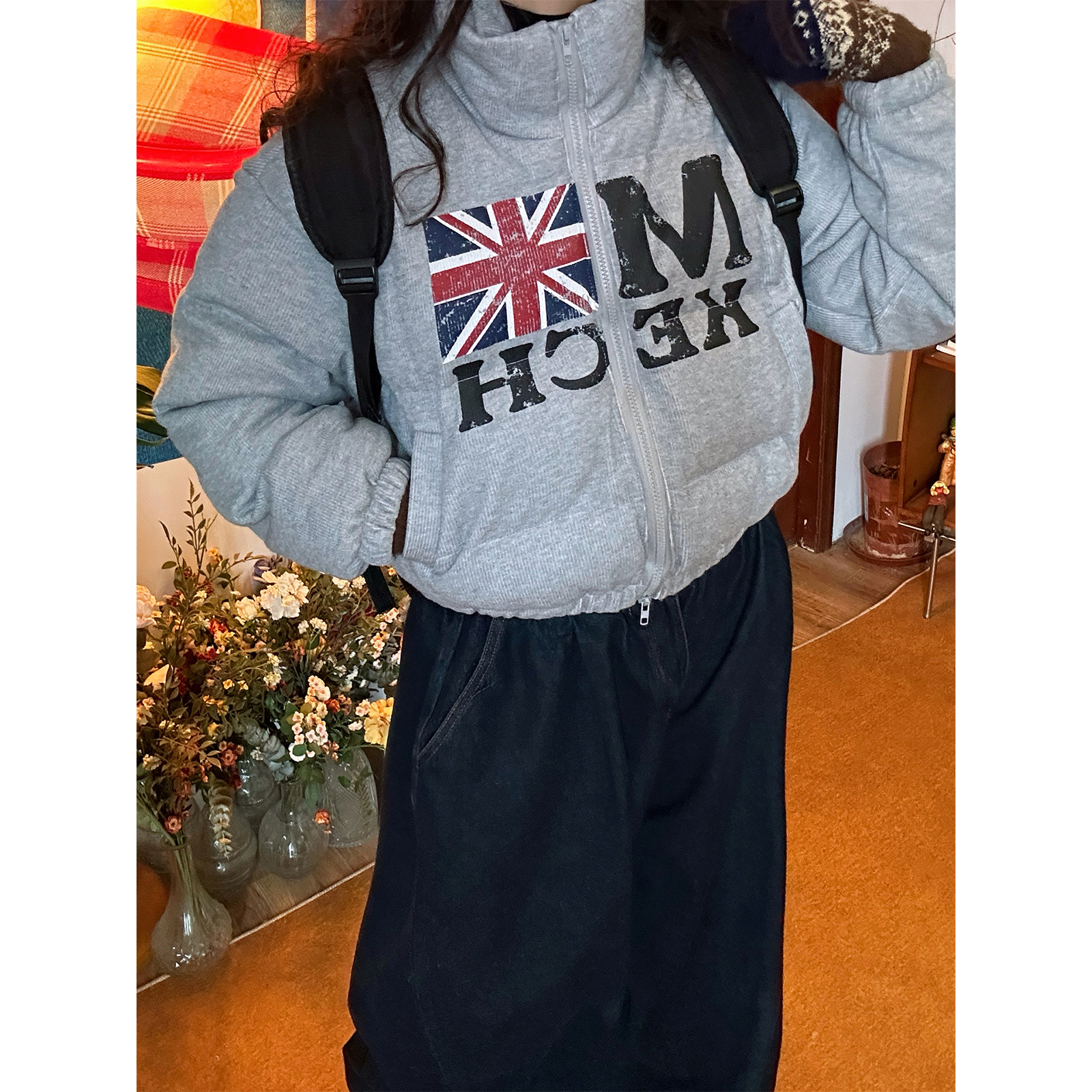 C2自制/美式复古印花面包服外套男女同款加厚上衣冬季新款棉服潮