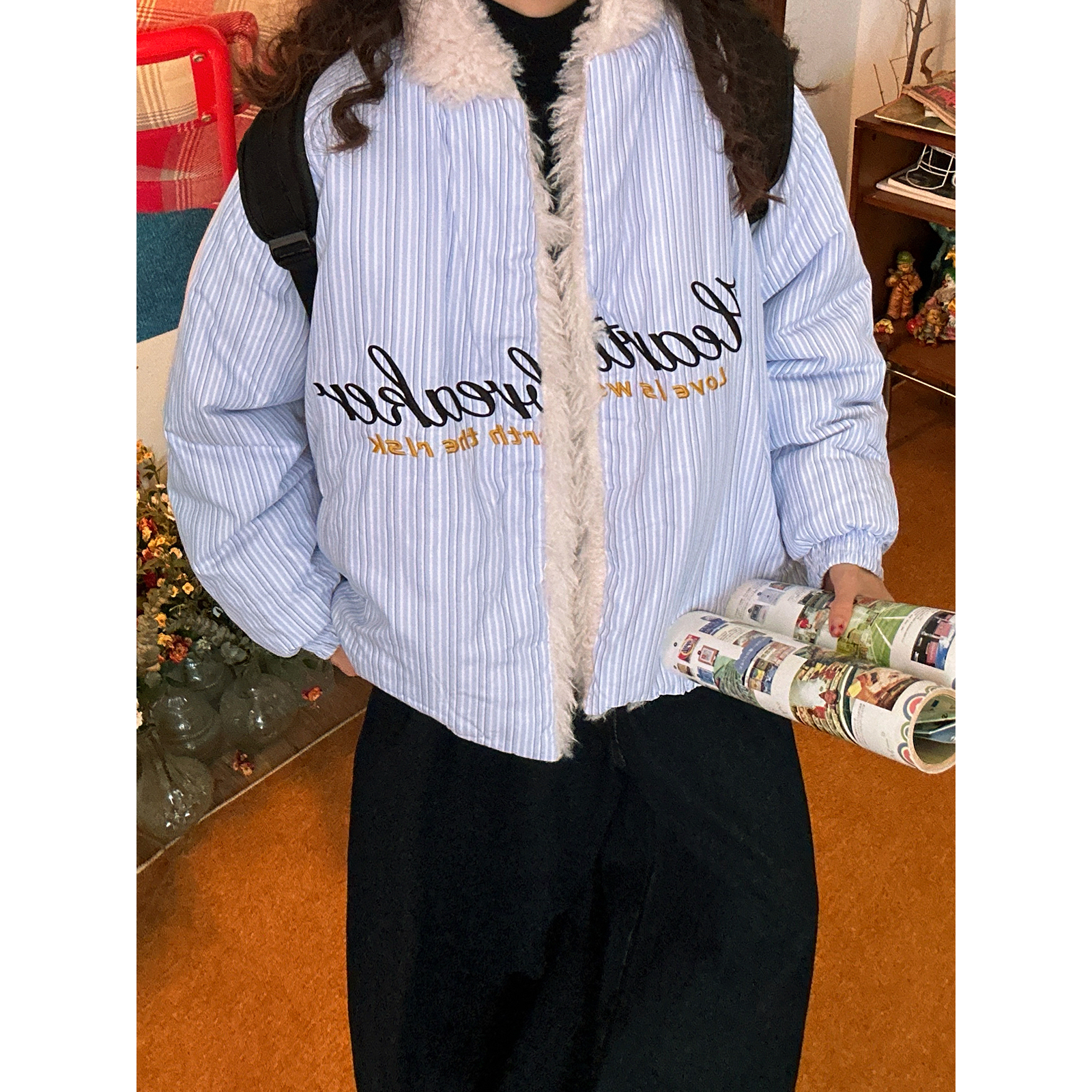 C2自制 /韩系条纹字母羊羔毛领棉服女加厚保暖棉衣外套冬季新款