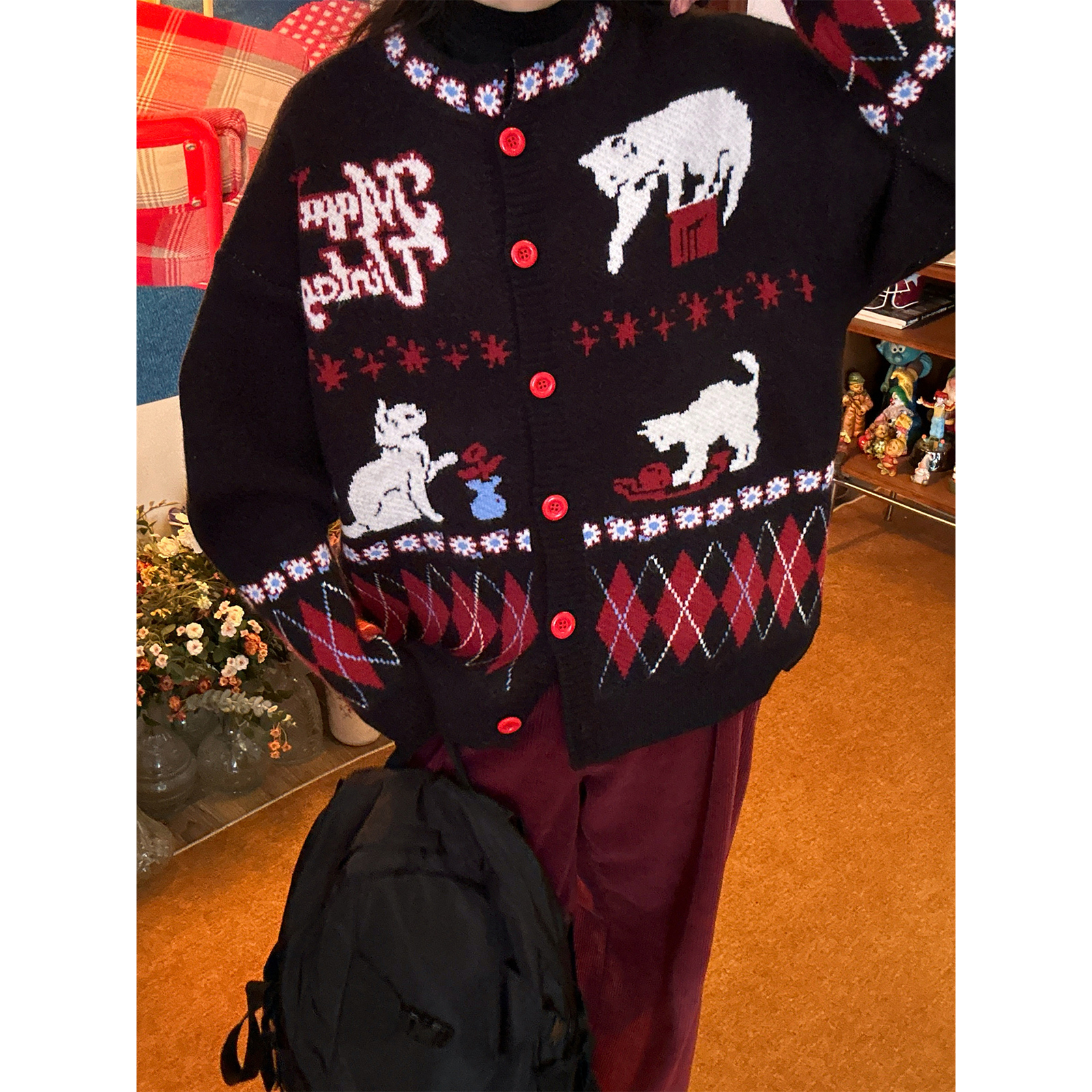 C2自制/复古小猫费尔岛圣诞感学院风秋针织毛衣开衫外套男女同款