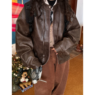 女短款 C2自制 新款 复古翻领皮衣春季 宽松机车风拉链夹克外套 美式