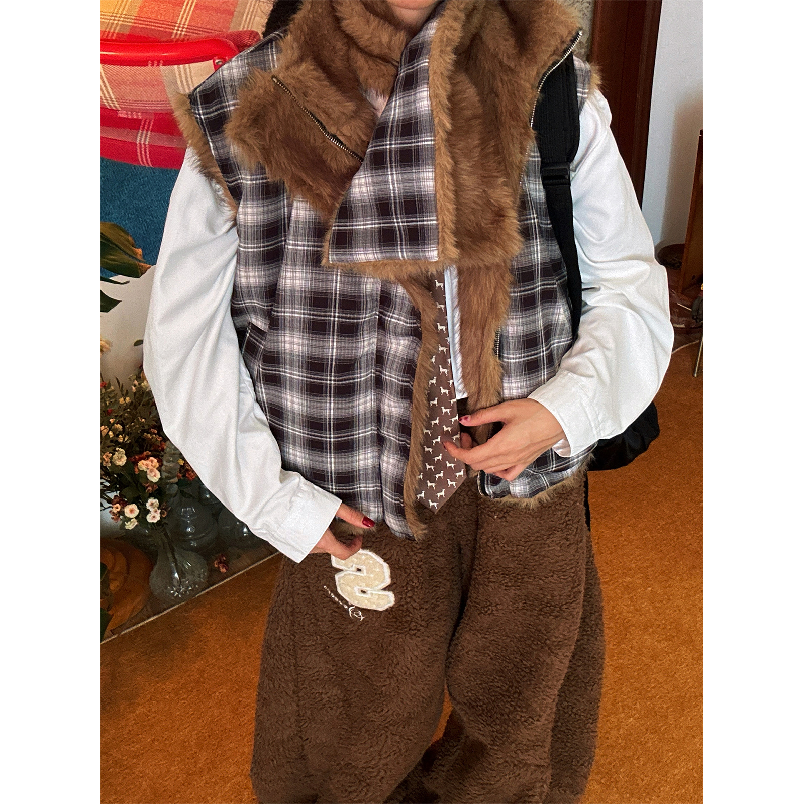 C2自制/双面穿仿毛皮草马甲女秋冬格纹无袖外套高级感秋冬新款潮