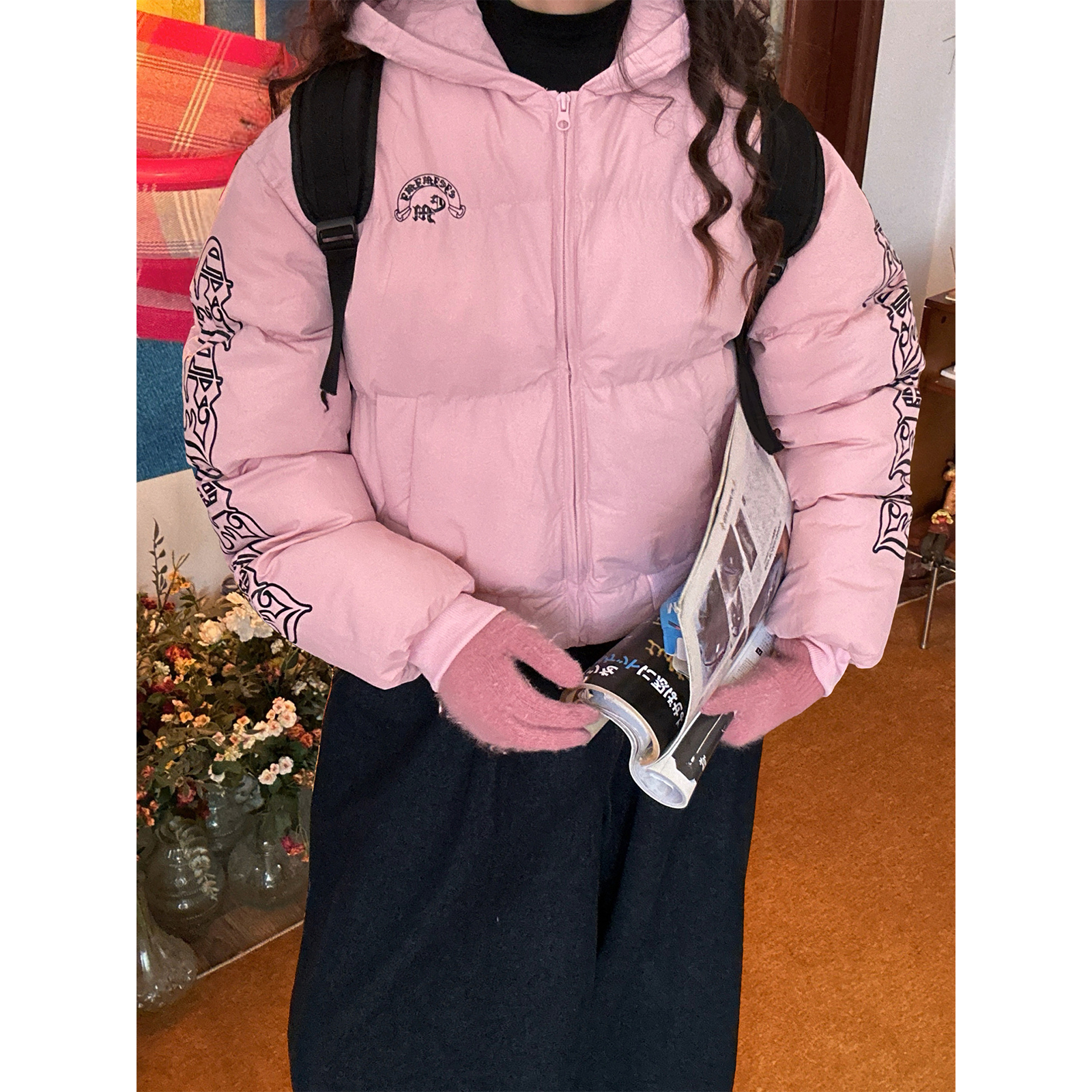 【新品买二送一】美式复古卡通刺绣棉服男女同款百搭秋冬款棉衣潮