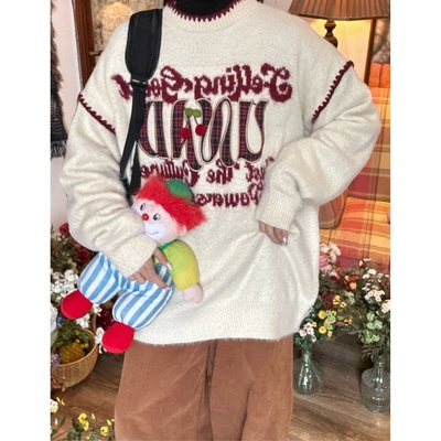 C2自制/甜美氛围感黑色甜妹穿搭樱桃AONW毛衣女针织衫字母上衣潮