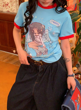 【新品买二送一】美式卡通风印花短袖T恤女撞色领修身显瘦y2k上衣