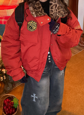 C2自制 /美式复古豹纹皮毛领棉服女保暖廓形裁剪夹克冬季新款外套