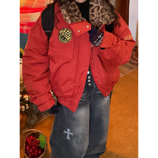 新款 复古豹纹皮毛领棉服女保暖廓形裁剪夹克冬季 外套 美式 C2自制