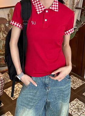 C2自制/韩系假两件格子领短袖T恤女修身显瘦甜辣妹短款学院风上衣