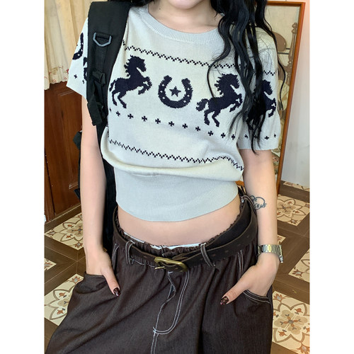 C2自制/美式复古风小马印花短袖T恤女修身减龄针织夏季新款上衣潮