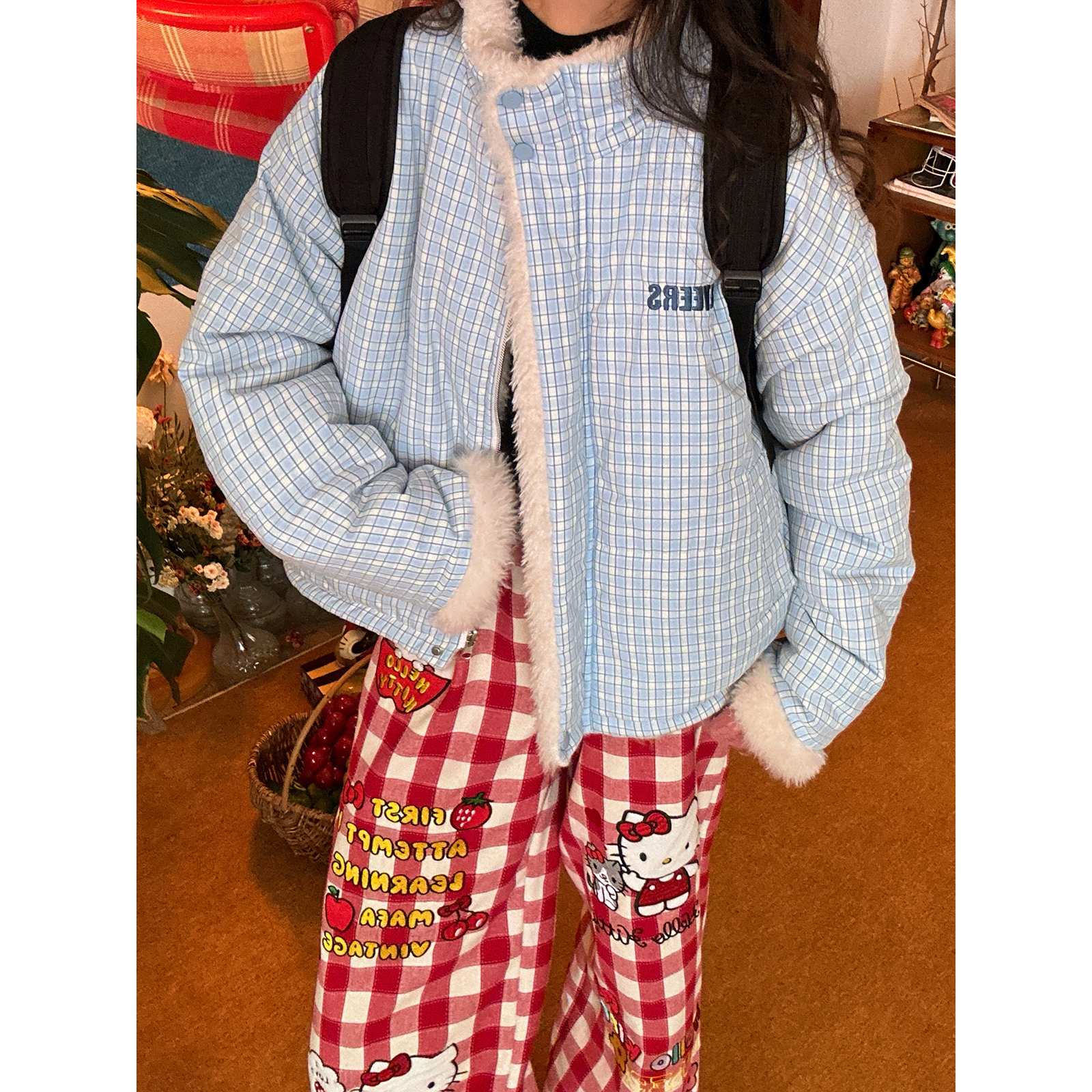 【新品买二送一】复古格纹羊羔绒双面穿棉服男女冬款宽松立领外套