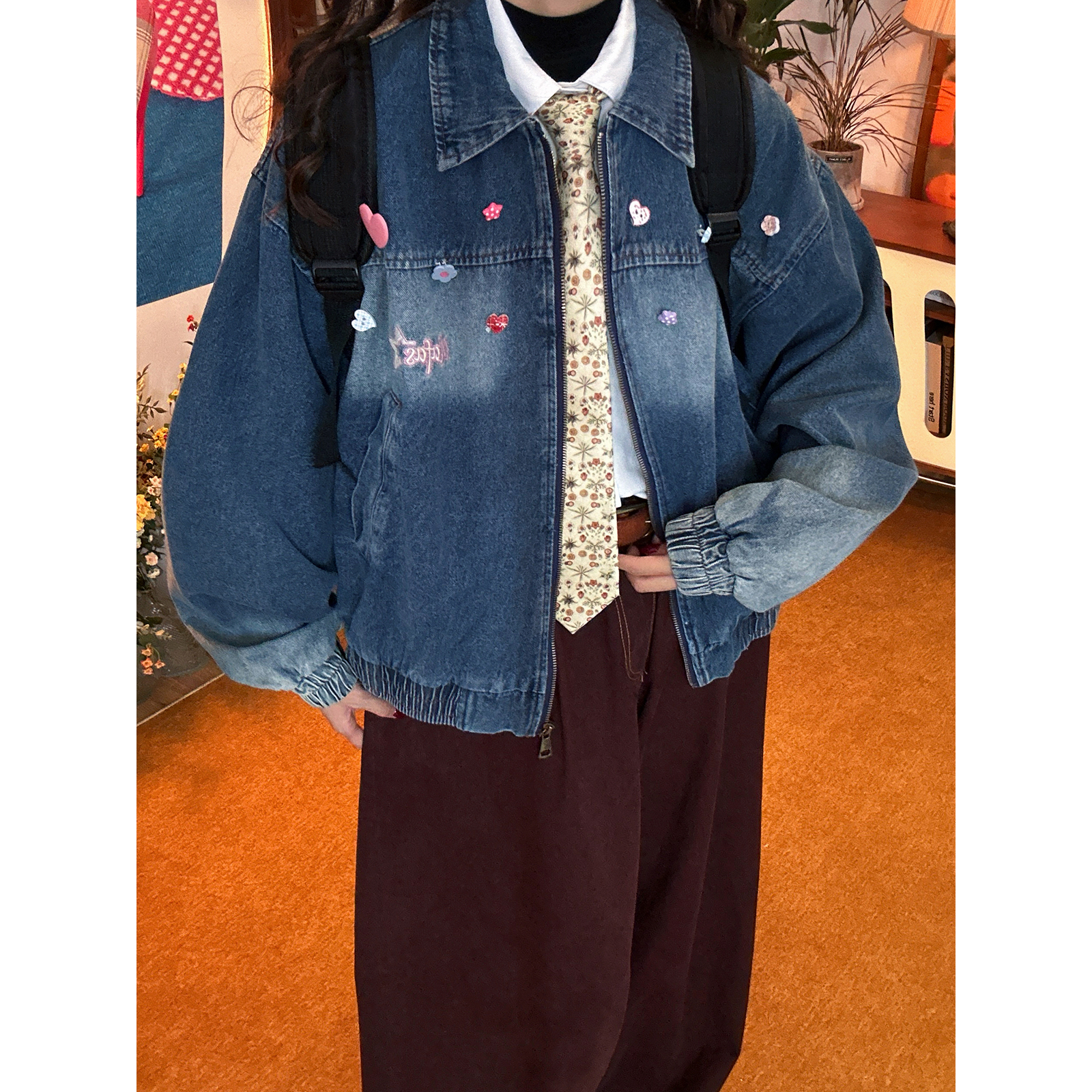 C2自制/立体星星装饰复古做旧水洗牛仔外套男女同款休闲夹克上衣