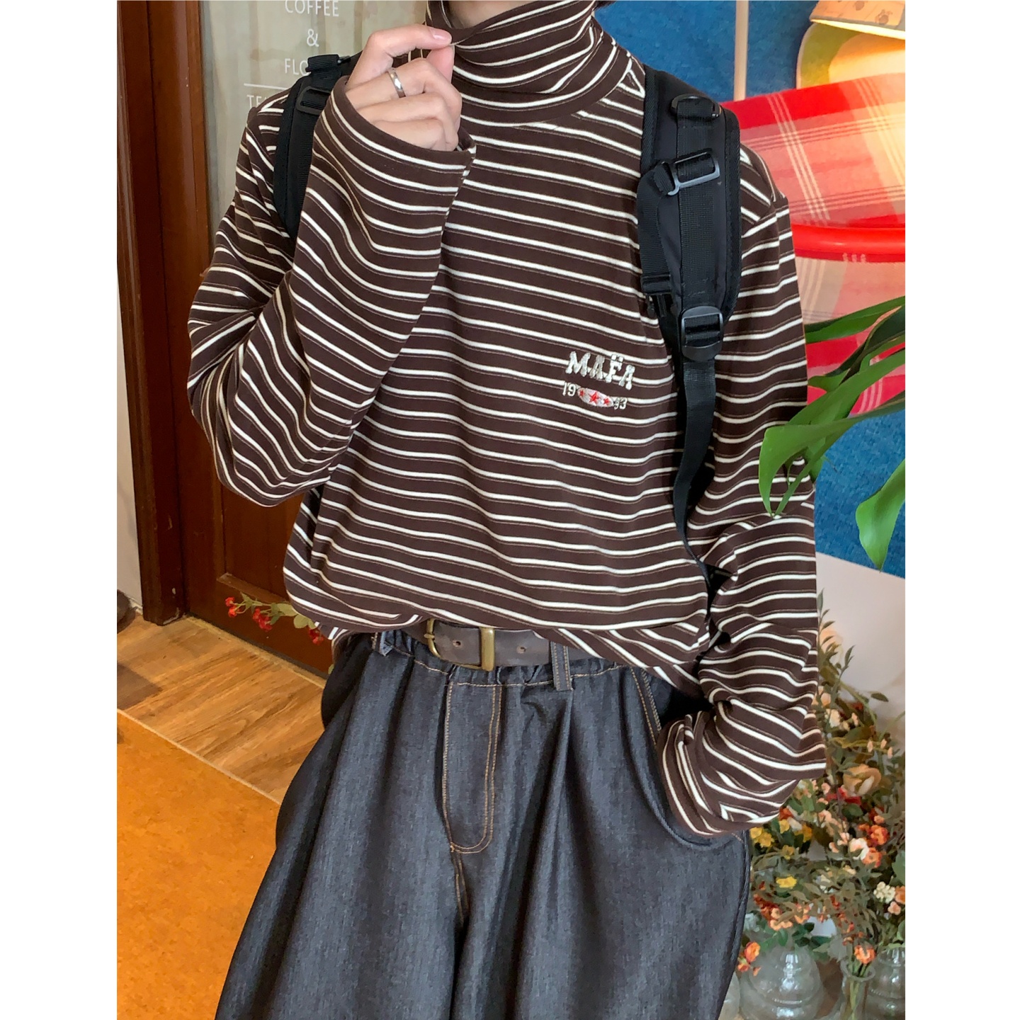 C2自制/美式秋季新款刺绣高领条纹长袖T恤男女休闲宽松打底上衣潮