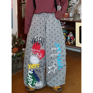 C2自制/轻亚风满印星星印花卫裤女宽松高腰直筒裤休闲裤2026春款